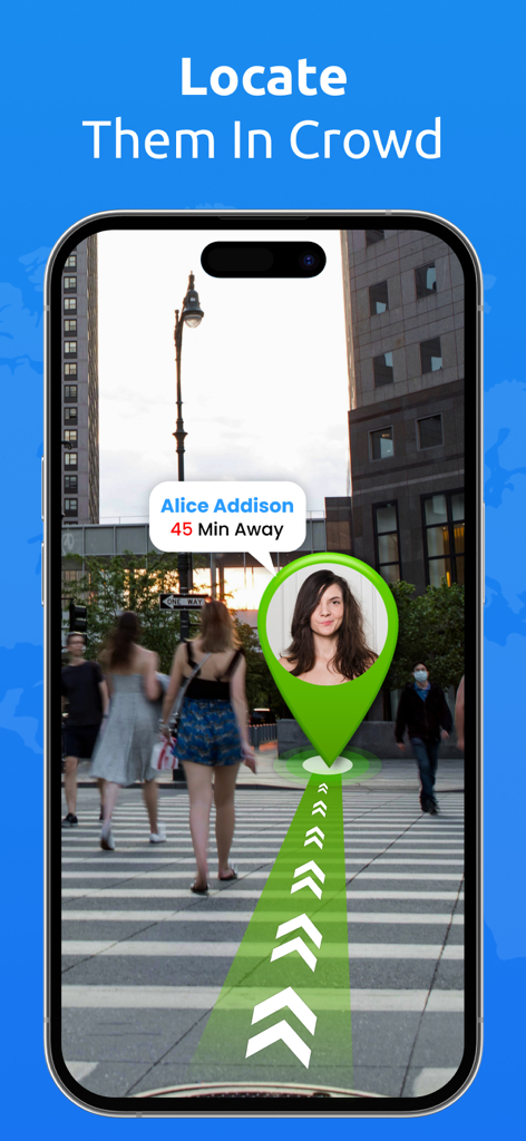 GPS Phone Location Map Tracker - GPS phone tracker app showing a contacts location and distance in a city crowd