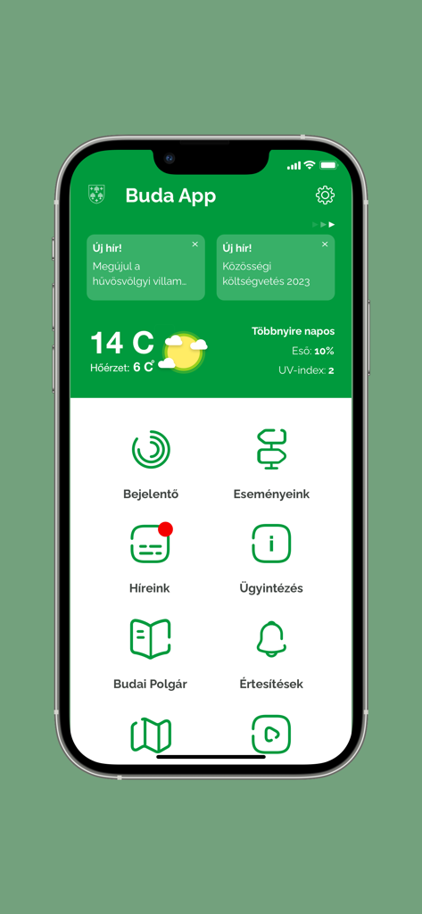 Buda App - Pantalla de inicio de la aplicación Buda mostrando el clima, noticias e íconos de servicios cívicos