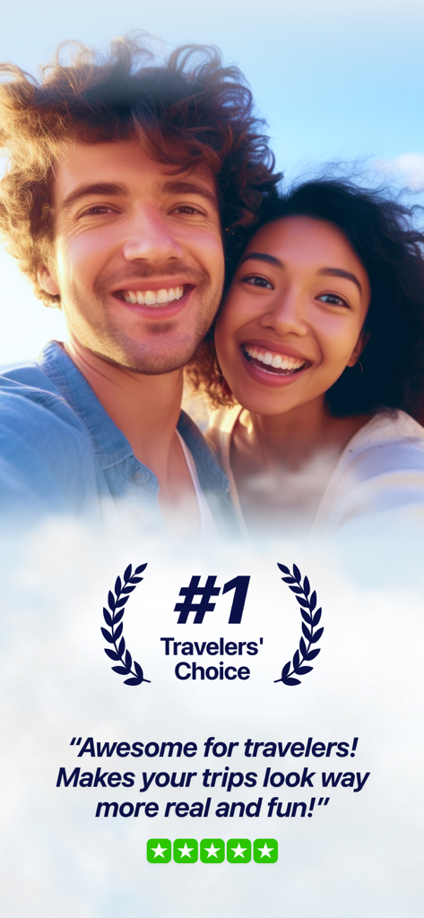 Happy couple with a five star review and Travelers Choice badge for the Journey Boast app