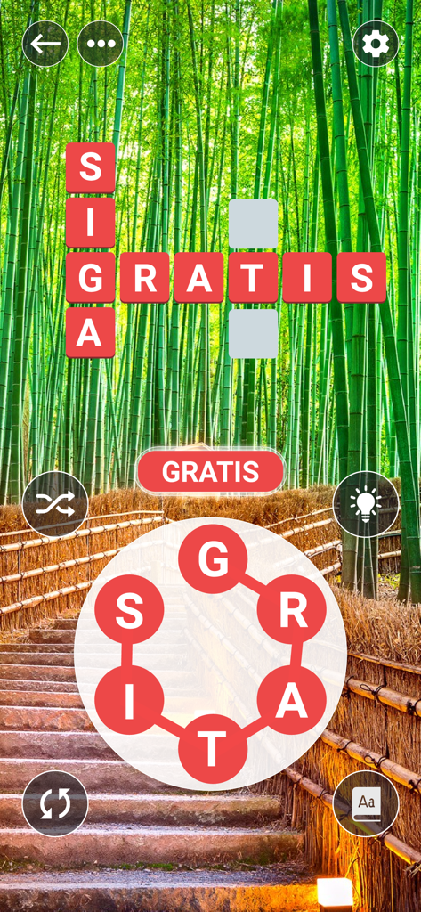 Una pantalla de juego de conectar palabras en español que muestra un crucigrama con fondo de bosque de bambú