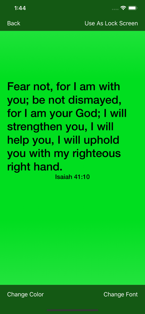Fighter Verses: memorize Bible - Bible verse Isaiah 41 10 on a green background with an option to use as a phone lock screen