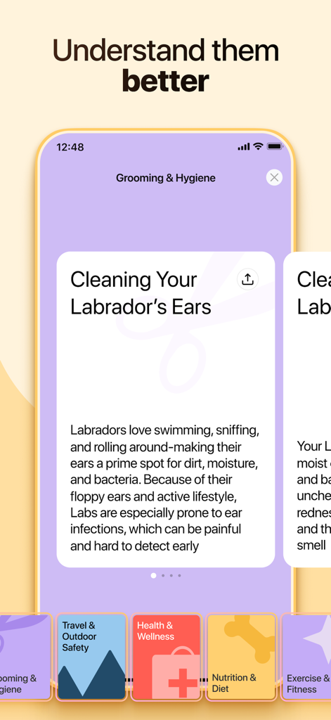Dosty app interface showing grooming and hygiene tips for dogs and cats