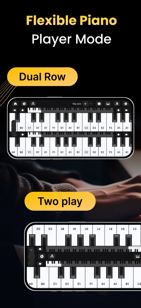 Piano Keyboard: Learn Piano - スマートフォンでデュアルロウおよびツープレイヤーインターフェースモードを表示するピアノキーボードアプリのスクリーンショット
