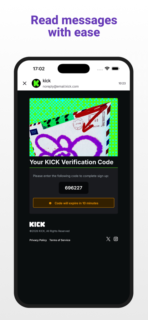 Fake Mail app showing a verification code received in the inbox
