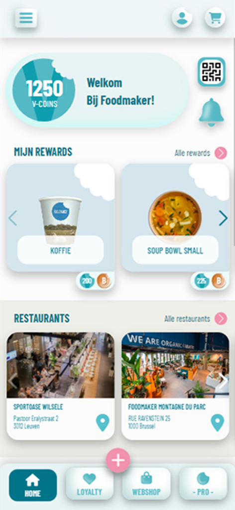 Foodmaker - Foodmaker app home screen showing V-coins balance rewards like coffee and soup and restaurant locations
