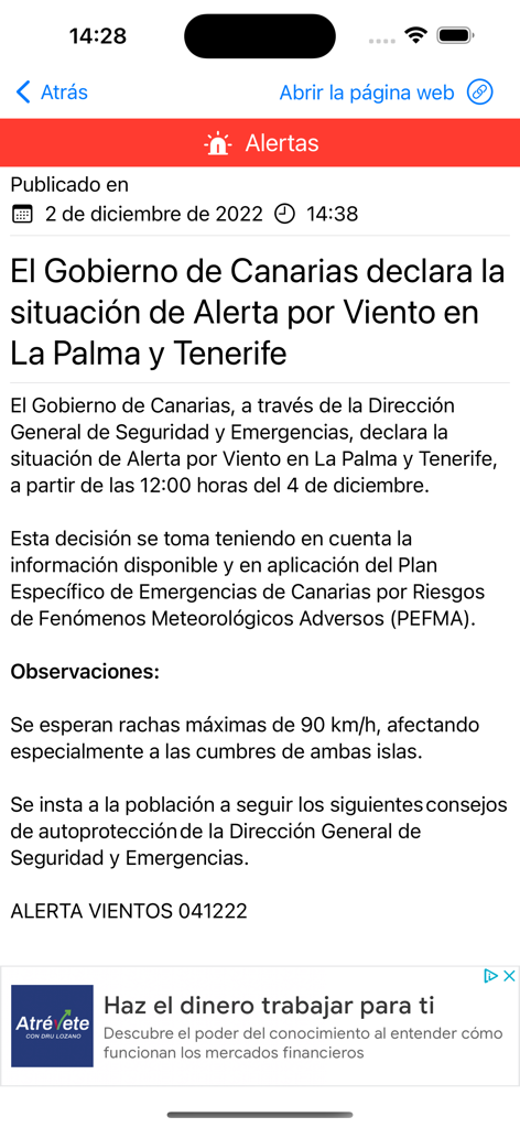 Canarias info - Canarias infoアプリのラパルマ島とテネリフェ島向けの風警報