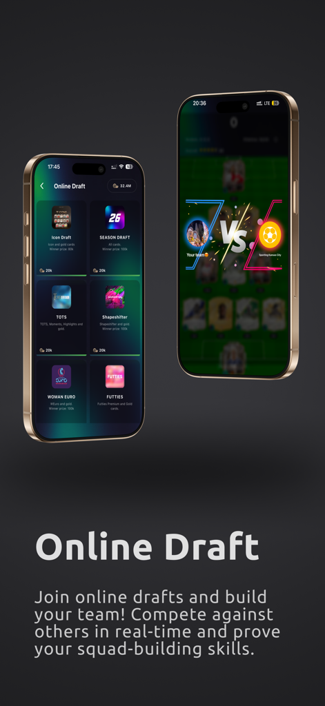 Two mobile phone screens showing the online draft menu and a versus match screen in FUT FC 26