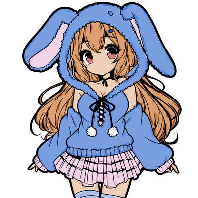 pretty anime girl wearing a fluffy hoodie with bunny ears on the hood and a skirt