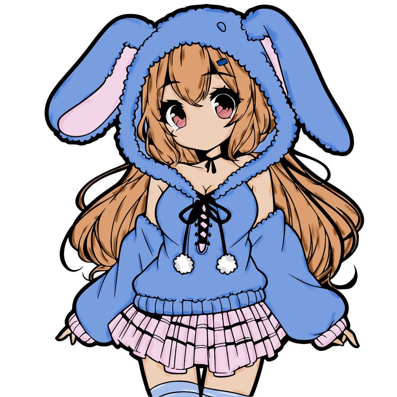 pretty anime girl wearing a fluffy hoodie with bunny ears on the hood and a skirt
