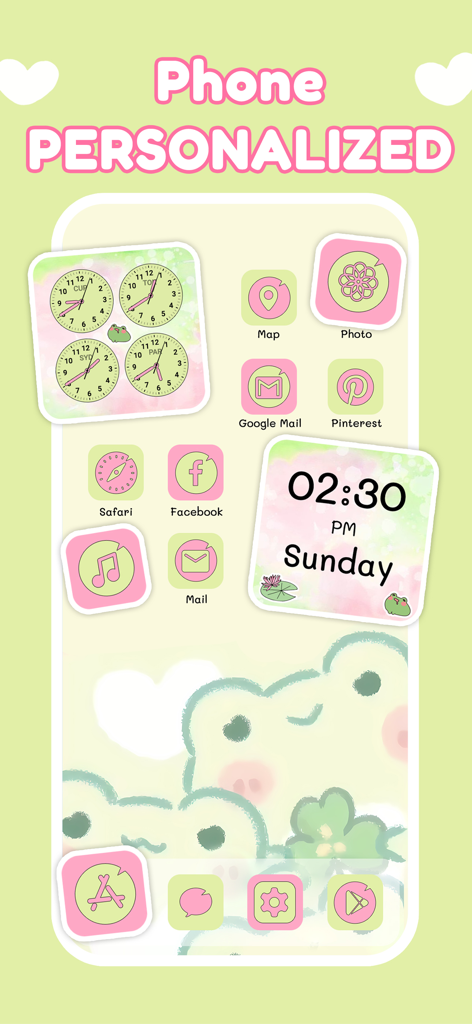 BeautyTheme: Icons & Widgets - Una pantalla de inicio de teléfono personalizada con un lindo tema estético de rana verde, iconos rosas personalizados y widgets de hora.