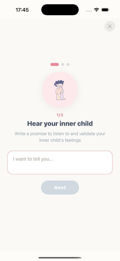 Buba – self-care buddy - Pantalla de indicaciones de diario para el niño interior de la aplicación de autocuidado Buba