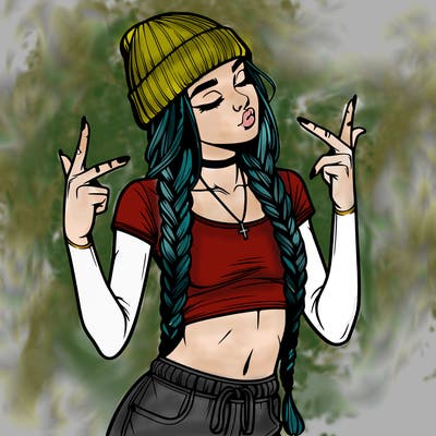 realistic teenage girl with braids and a beanie and crop top doing 🫶🏼