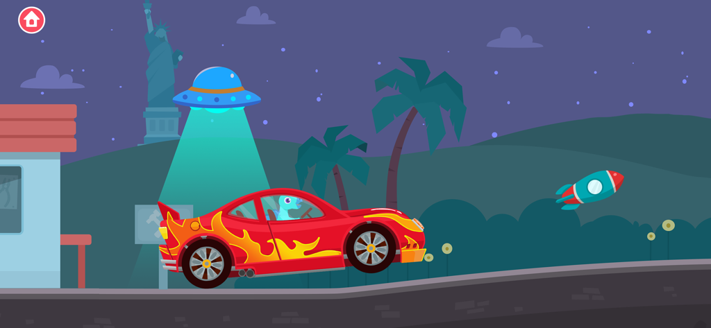 Ein Dinosaurier fährt ein rotes Rennauto mit Flammen-Grafiken unter einem blauen UFO-Strahl in einer nächtlichen Stadtszene.