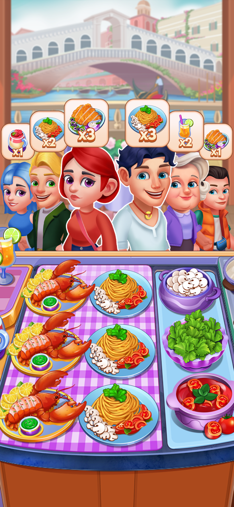 Happy Cooking : Cooking Game - Customers ordering food at a restaurant counter in the Happy Cooking game