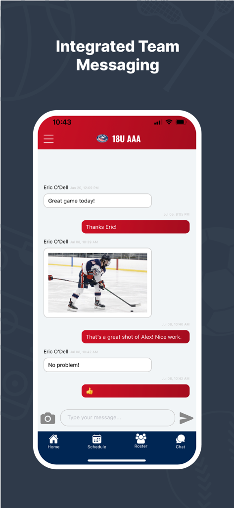 Crossbar Mobile - Screenshot of the Crossbar Mobile app integrated team messaging feature showing a chat with a hockey player photo