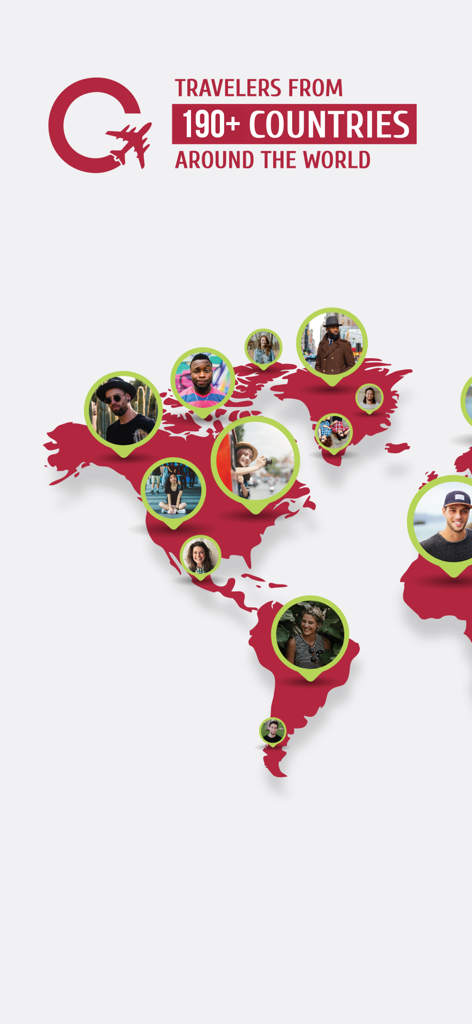 GAFFL - Find A Travel Buddy - Mapa mundial que ilustra una comunidad global de viajeros de más de 190 países dentro de la aplicación GAFFL