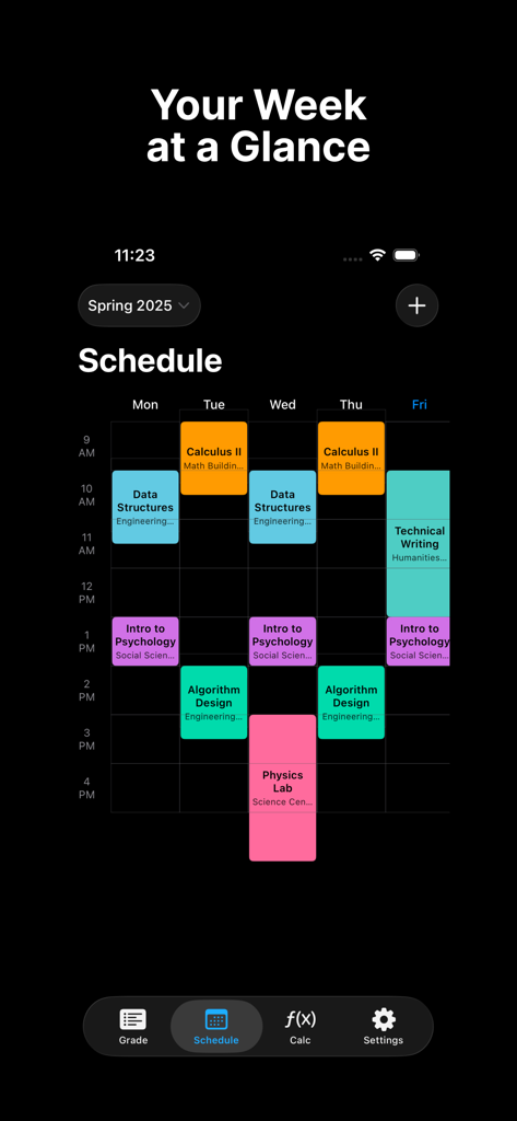 A Plus - GPA & Grade Tracker - A color-coded weekly class schedule for the Spring 2025 semester in the A Plus app.