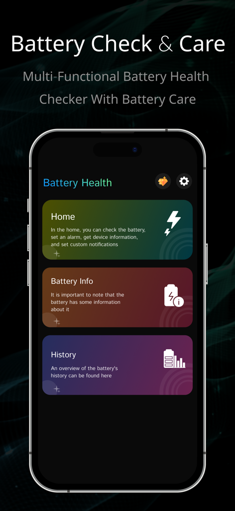 Battery Health - Charge Saver - Battery Health Charge Saver mobile app interface with battery check and care features