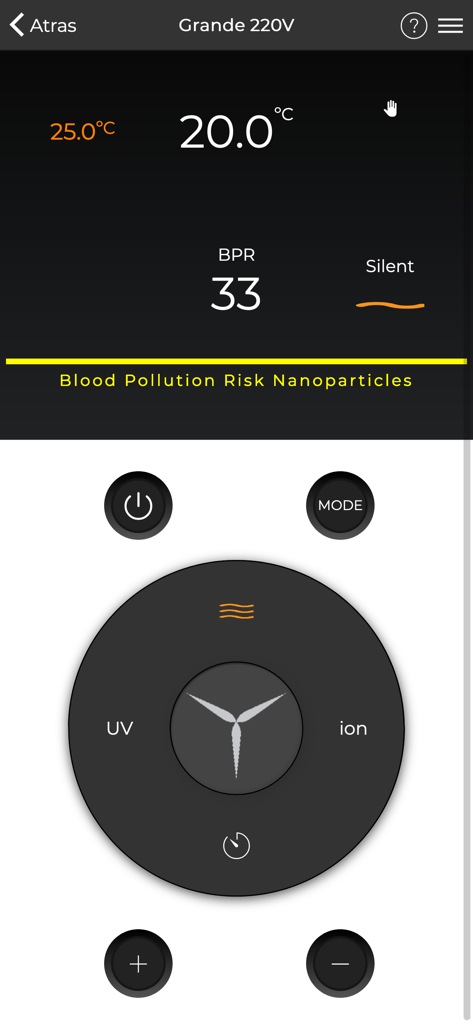 Biow - Panel de la aplicación Biow que muestra métricas de calidad del aire y controles remotos del dispositivo.