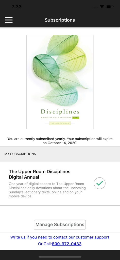 The Upper Room Disciplines - Active subscription details screen in The Upper Room Disciplines app showing the annual plan and manage options.