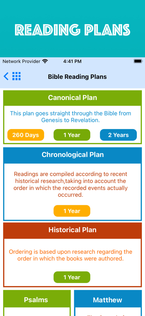 Holy Bible Offline iPhone - Pantalla de la aplicación Santa Biblia que muestra varios planes de lectura, incluidas opciones canónicas, cronológicas e históricas