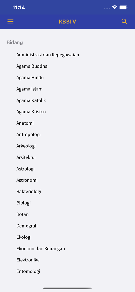 Una lista de campos y categorías temáticas mostradas dentro de la interfaz de la aplicación de diccionario KBBI V indonesio.