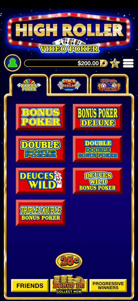 Menu principal de l'application High Roller Video Poker montrant des options de jeu comme Bonus Poker et Deuces Wild
