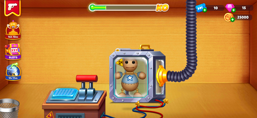 Kick the Buddy: Second Kick - 생물학적 위험 기호와 기계 제어가 있는 유리 방 안의 버디 캐릭터