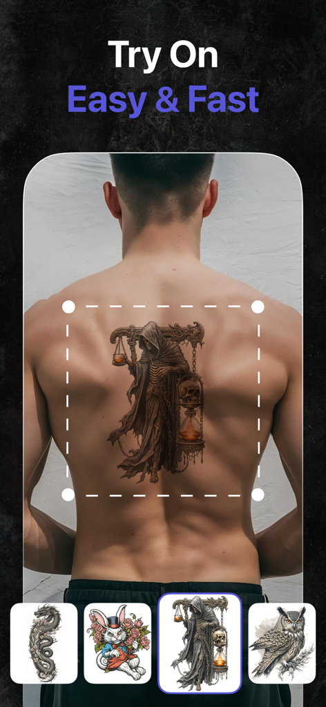 AI Tattoo Generator + Creator - AI tattoo app showing a grim reaper design virtually applied to a man's back