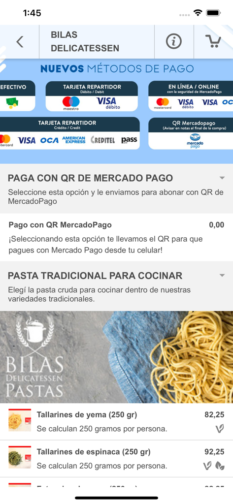 Bilas Pastas - Interface de l'application mobile Bilas Pastas montrant diverses méthodes de paiement et un menu pour les pâtes traditionnelles non cuites comme les nouilles aux œufs et aux épinards.