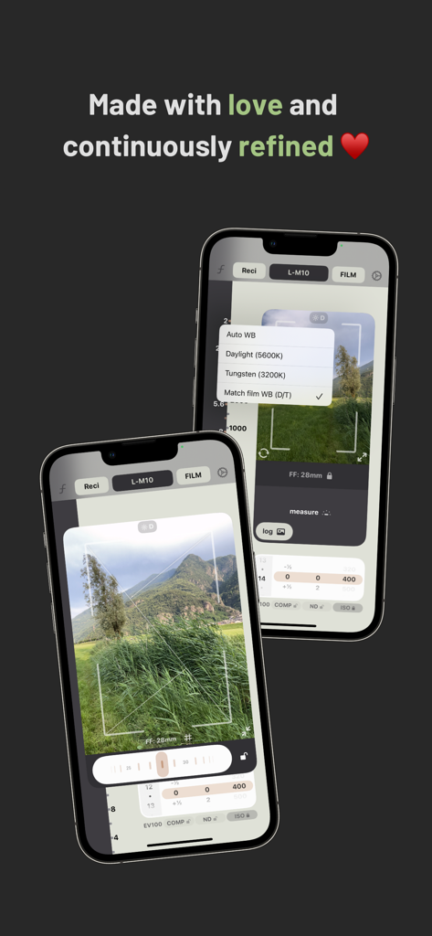 Interface de l'application Lightme sur iPhone montrant les réglages d'exposition et les options de balance des blancs pour la photographie argentique