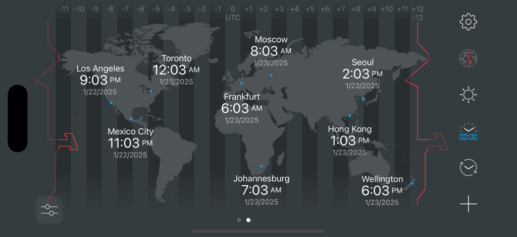 World map interface showing current times and dates for multiple global cities across different time zones