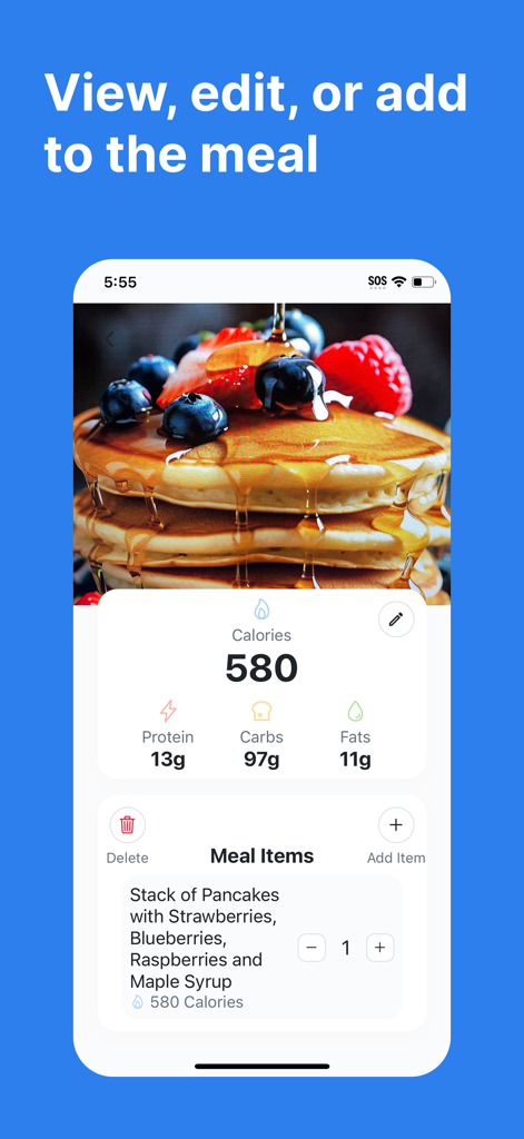 Calorie Tracker - Trax AI - Interfaz de la aplicación Trax AI que muestra datos nutricionales de calorías y macros para una comida