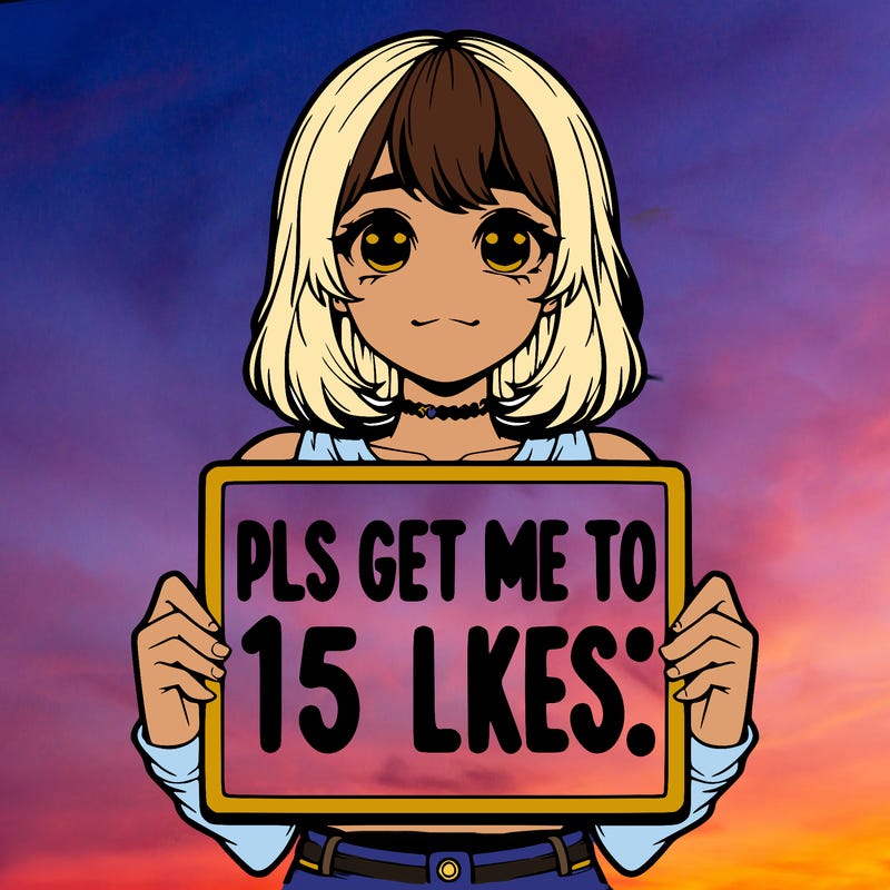 realistic girl holding up a sign that says “pls get me to 15 likes!”