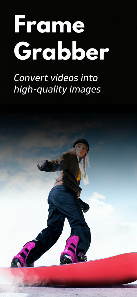 Frame Grabber: Video to Pic - Frame Grabber app interface showing a high-quality still image of a snowboarder extracted from a video
