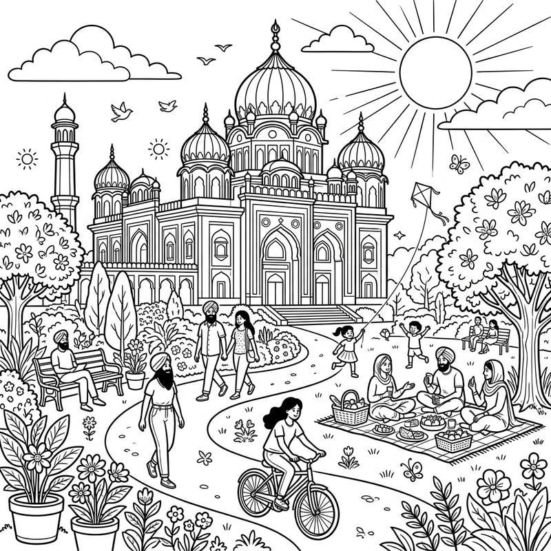 Immerse yourself in a beautiful summer day at a Sikh Gurdwara with this intricate coloring page. Featuring families enjoying picnics, cycling, and kite-flying, it's a delightful scene for all ages to bring to life.