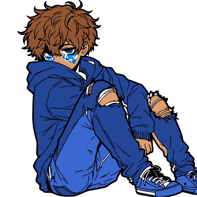 a male hoddie ripped jeans messy hair anime