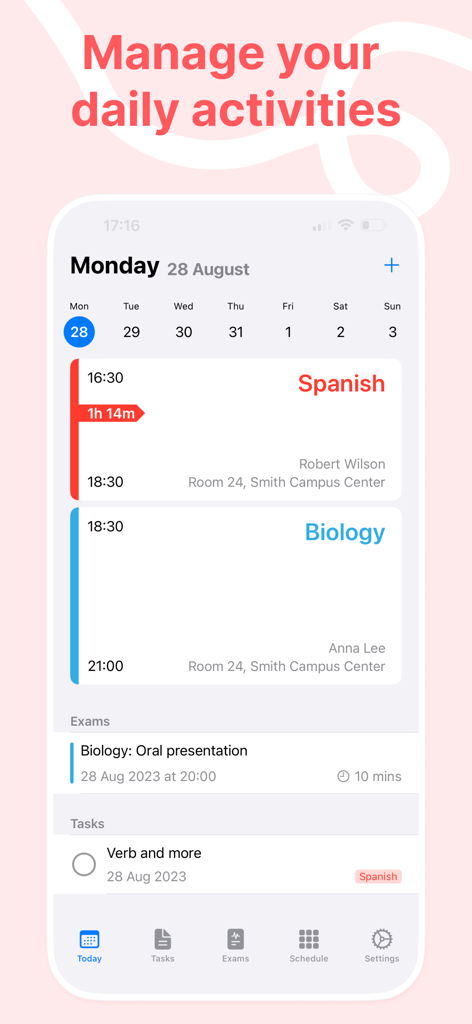 InClass - School Planner - Daily schedule view of InClass school planner app featuring class times and upcoming exams