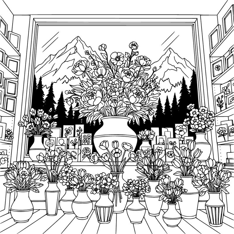 large vase of peonies and other flowers sitting in the window of a beautiful flower shop.  the point of view is from inside the store.  there are other vases, flowers, picture frames, greeting cards.  outside are mountains and trees