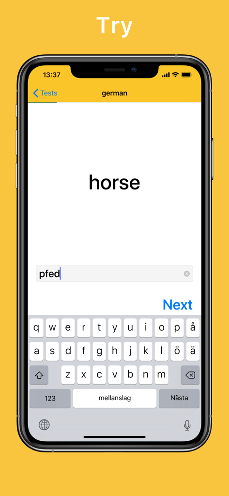 Interface of Learn It app showing a German vocabulary test on an iPhone.