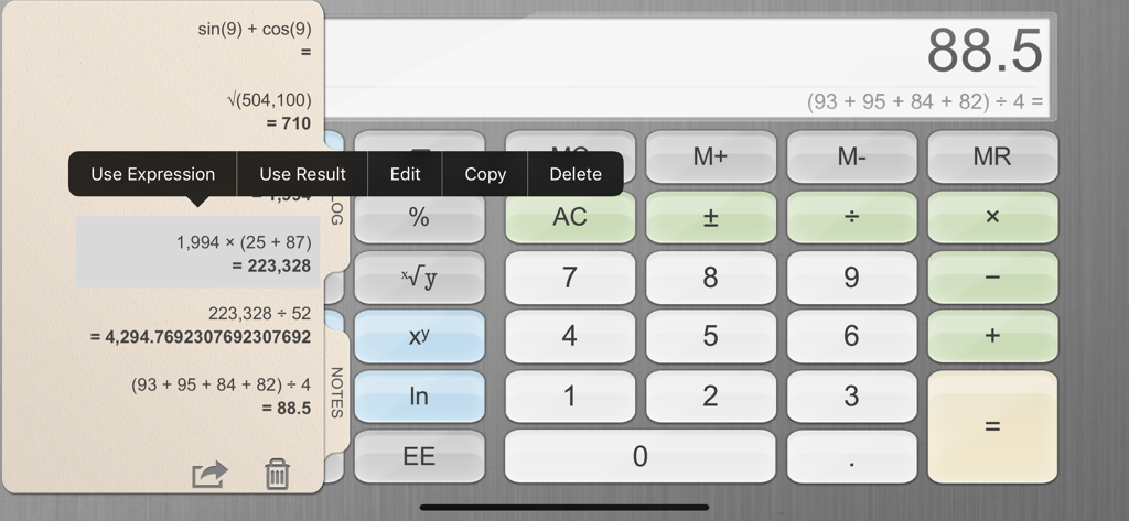 Calculator! - Scientific calculator app on iPad showing a history of recent calculations and advanced math functions.