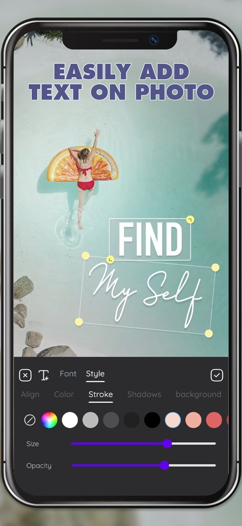 夏休みの写真にタイポグラフィを追加している「写真に文字を追加」アプリが表示されたiPhone画面。