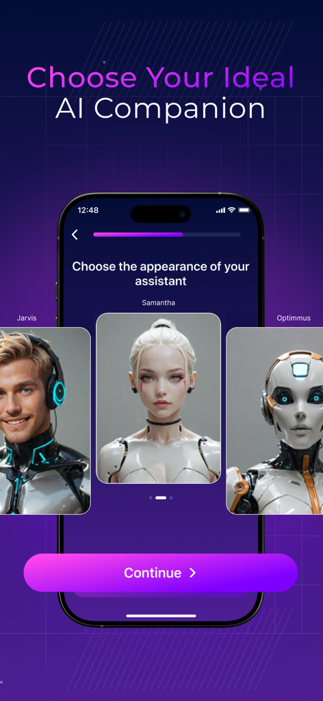 Sentia: Chat with AI Character - Interface of the Sentia app showing three AI companion characters Jarvis Samantha and Optimmus to choose from