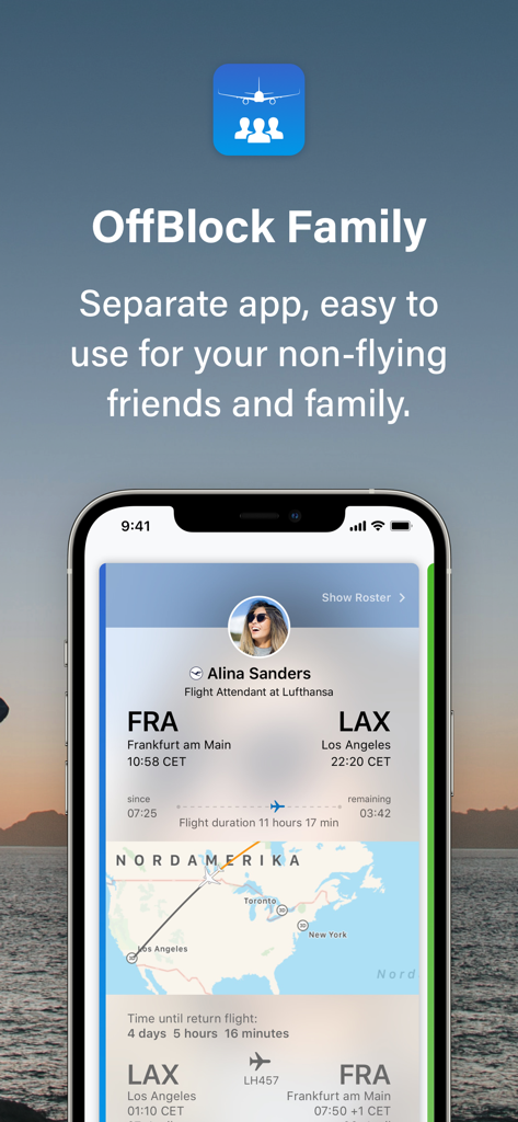 OffBlock - Pantalla de smartphone que muestra la interfaz de la aplicación familiar OffBlock con detalles de vuelo de Frankfurt a Los Ángeles y una vista de mapa para los miembros de la familia de la tripulación