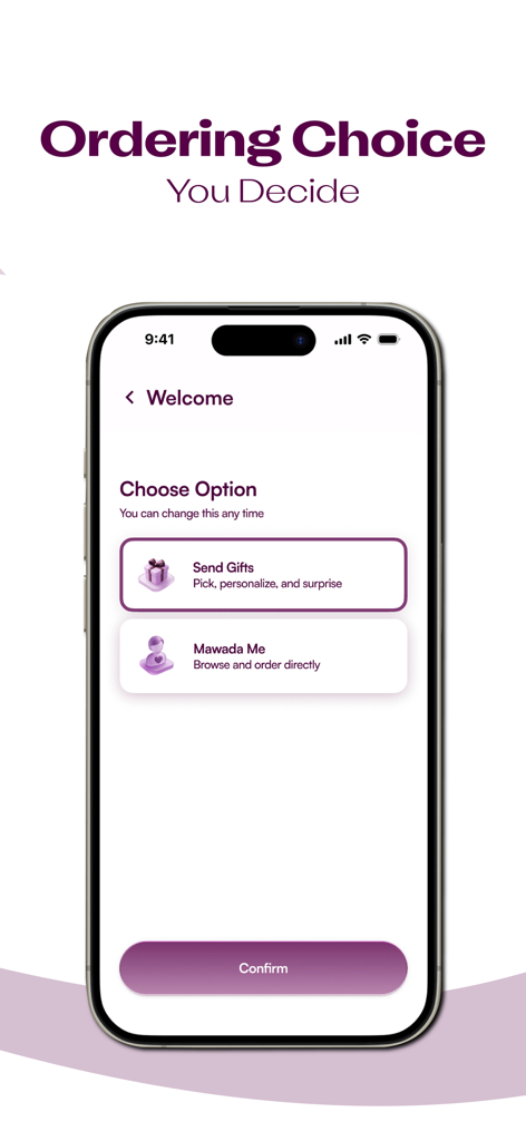 Mawada مودة - Mawada app screen showing ordering choices for sending gifts or browsing directly