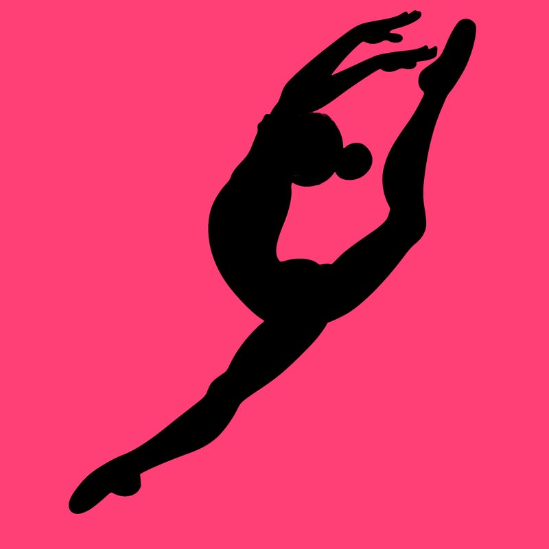 gymnast doing a leap in a leotard with a bent back leg