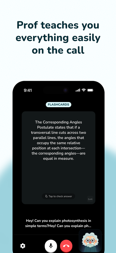 Interface de l'application Professor Curious montrant un étudiant en appel vidéo avec un tuteur révisant une fiche de géométrie sur les angles correspondants.