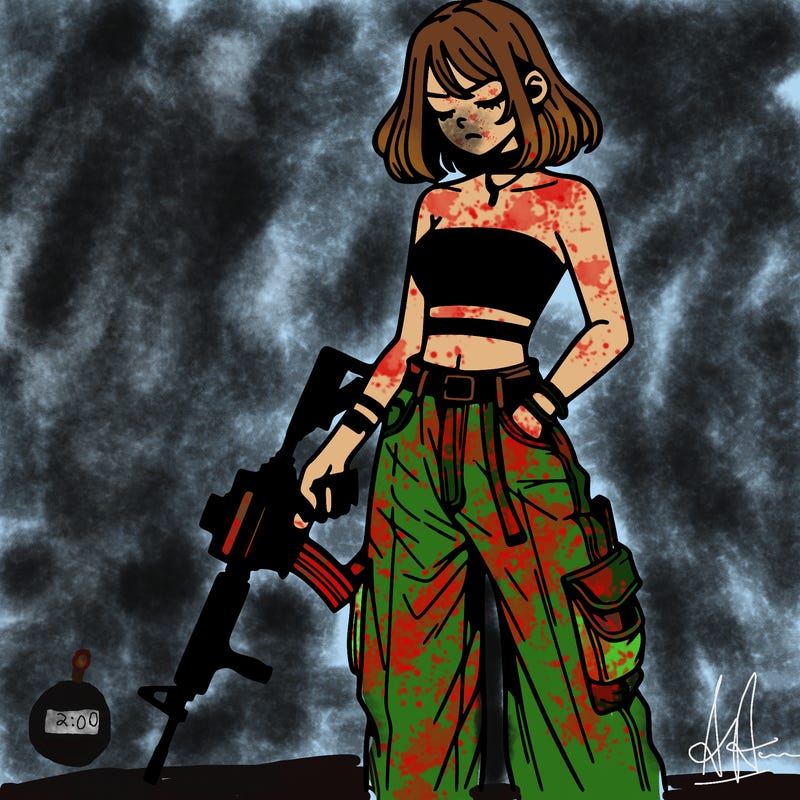 a dangerous girlcrop top and baggy jeans with a rifle in her hand