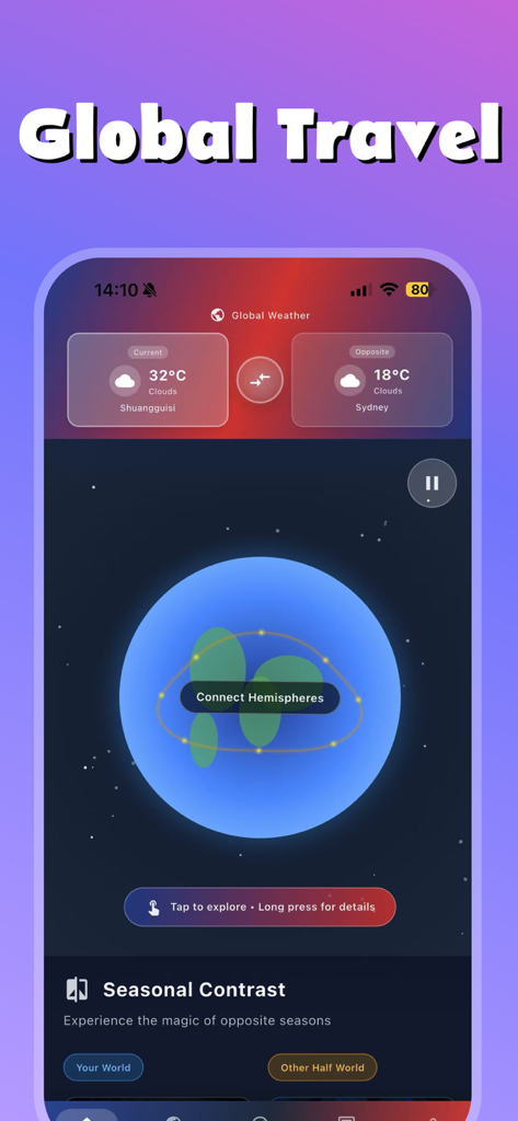 Mobile app interface showing a global map and seasonal weather comparison between two hemispheres