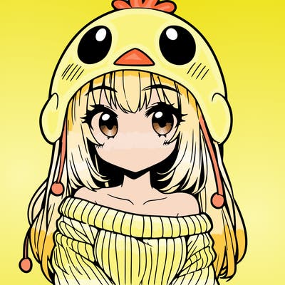 anime girl with chick shaped hat with sweater with bare shoulders with bangs covering them one eye with low tail